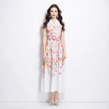 Popular trade  women's clothing  summer new neck sleeveless oil painting flower vacation style long jumpsuit