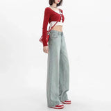 GOOSUDU Spring Narrow Wide-Leg Jeans Women's New Loose Slimming High Waist Embroidered Drape Draggle-Tail Straight Trousers