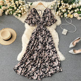 Seaside Holiday Dress Summer 2024 New Sexy V-neck Tight Waist Slimming Long Chiffon Floral Beach Dress