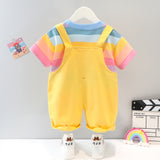 Children's Korean-Style Children's Clothing Summer Boys' Suspender Pants Two-Piece Set New Girls' Summer Striped Short Sleeve Suit 1884