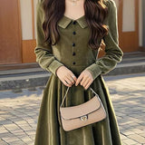 2025 autumn new temperament celebrity rich daughter high sense wear dark green lapel velvet dress