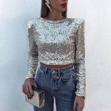 ANTMVS2025 long-sleeved crew neck nightclub sexy short top,  hot sale versatile Spice Girl solid color sequined T-shirt