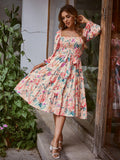 2025 summer new  2025 New Popular trade square collar horn long sleeve high waist dress loose dress