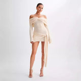 GOOSUDU 2025 sweater dress knitted one-word shoulder irregular strap sweater dress