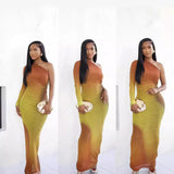 M6029 European and American 2025 Summer Fashion Printed Sexy Shoulder Single Sleeve Gradient Color Sheath Dress