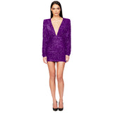 Popular trade women's deep V-pleated long-sleeved dress summer high-end hip-wrapped backless sequin dress women