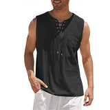 GOOSUDU Cross-Border  Hot Sale New Men's Vest Shirt Lace-up Fashion Solid Color Cotton Linen Short Sleeve T-shirt