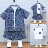 Boys' Summer Short Sleeve Suit  New Baby Net Red Casual Clothes Children's Vacation Style Shirt Three-Piece Set