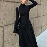 2025 popular autumn and winter new high-end temperament Muse fan long dress  Hepburn style waist black long-sleeved dress