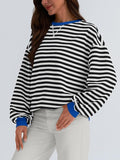 GOOSUDU New  2025 style clothing autumn and winter new round neck contrasting top striped loose long-sleeved fashion sweater