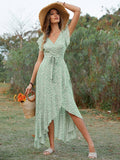 popular Summer Bohemian Beach Vacation Dress Man Cotton Printed V-Neck Strap Slim Fit Dress