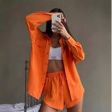 GOOSUDU New 2025 style cross-border fashion suit lapel long-sleeved solid color shirt top shorts button two-piece set wholesale