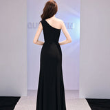 goosudu Host Evening Dress Dress Light Luxury Minority One-Shoulder Black Long Dress Fishtail off-the-Shoulder Gown Women