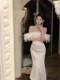 2025 Hepburn style  high-end one-word shoulder dress women's autumn and winter new feather satin tube top evening dress