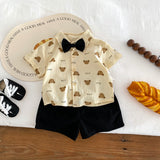 INS Boy  Summer Handsome Gentleman Bow Tie Short Sleeve Printed Bear Shirt Shorts Two-Piece Suit