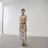 goosudu Es Modish New Chinese Style Cheongsam Style Flower in Ink Sleeveless Buckle Waist-Tight Dress