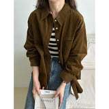2025 corduroy polo collar shirt women's popular spring solid color long sleeve chic loose college style top 88