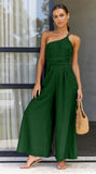 Waist Folds Backless Double Strap Casual Wide Leg Jumpsuit Long Pants Green  New Female Loose  Jumpsuit