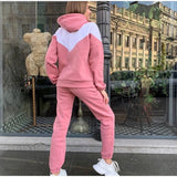 Casual Hooded Sweatshirt Women Suit Spliced Long Sleeve Pullover Female 2 Piece Sets  Elastic Waist Jogging Pants Lady Set