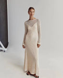 Elegant Hollow Out Knit Maxi Dress for Women Summer Beachwear Holiday Long Sleeve Cover-Ups Long Dresses