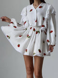 Home Suit Women Pajamas Cotton Linen Top Skirt Set Summer Strawberry Pattern Ruffle Long Sleeve Button Blouse Mini Skirt Outfits