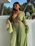 Green Pleated 2Pieces Pants Suits Women Sets Solid Flare Long Sleeve Bandage Crop Tops+Wide Leg Loose Long Pants Outfits