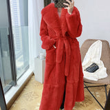 New Imitation Fur Coats Women's Winter Mid-length Lace-up Jackets Fashion Big Size Long Sleeve Thicken Black Overcoat