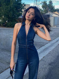 Hugcitar Denim Jumpsuit V Neck Zipper Bell Sleeveless Sexy Outifts Elegant Backpacker  Party Summer