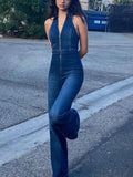 Hugcitar Denim Jumpsuit V Neck Zipper Bell Sleeveless Sexy Outifts Elegant Backpacker  Party Summer