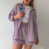 2 Piece Casual Sleepwear Cotton Pajamas for Women Turn-Down Collar Sleep Tops Suits with Shorts Gauze Cardigan Homewear Summer