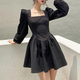 woloong  New Fashion Elegant Puff Long Sleeve Black Dress Women Corset Summer Clothes Goth Sexy Party Club Outfits Mini Pleated Skirt Y2k