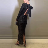 Elegant Women's Party Clubwear Evening Dresses Bow Backless Long Sleeve Glitter Sequins Long Dress Women New