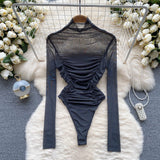 goosudu Autumn Mesh Basic Top Women Turtleneck Long Sleeve Ruched Open Crotch Slim Playsuits Fashion Sheer Sexy Bodysuits