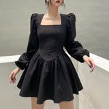 woloong  New Fashion Elegant Puff Long Sleeve Black Dress Women Corset Summer Clothes Goth Sexy Party Club Outfits Mini Pleated Skirt Y2k