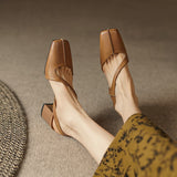 Summer New Simple Ladies Slingbacks Dress Shoes Back Strap Genuine Leather Square Toe Sandals Woman Thick High Heel Sandals