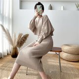 New Fall/Winter Bat Sleeve O-Neck Soft Sweater  + Women's Knitted Vest Long Dress Two-Piece Dress Sets