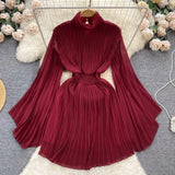 Elegant Solid Stand Collar Fold Waist Closed Dress Women Leisure Pleated Vestido Female Summer New Tide Fashion