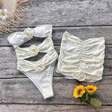 Two-Pieces Women Floral Lace Up  Push-Up Padded Bra White Swimsuit Swimwear Bathing Suit Beachwear Monokini Female