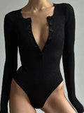 Button Up Solid Ribbed Knitted Long Sleeve Bodysuits for Women Elegant Slim Tops High Rise Bodysuit Spring Clothes