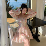 woloong Summer Floral Dress Women  Slash Neck Female Long Sleeve Fairy Dress Off Shoulder Pink A-line Elegant  Beach Short Dresses