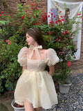 woloong Fairy Dress Pink Dress New Summer Organza Fairy Dress Female Sweet Puff Sleeves Mesh Square Collar Princess Dress Women's Clothing