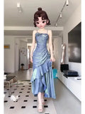 Blue Flower Evening Dress New French Fairy Sweet Slim Mermaid Strap Summer Birthday Party Spaghetti Strap Dresses