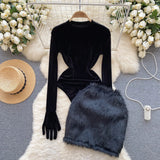 goosudu Autumn Long Sleeves Bodysuits  Women O Neck Open Crotch Velvet Slim Playsuits+Plush Sexy Mini Skirt Suits