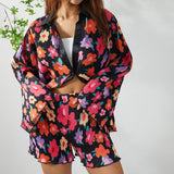 Women Two-piece Pleated Shorts Suits Chic Fashion Flower Print Long Sleeve Shirts and Loose Shorts New Matching Set