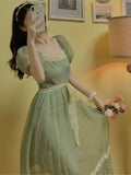 Elegant Retro Summer Dress Women's Puff Sleeve V-neck High Waist Sweet Ruffle Long Dress Green Korean Fashion New