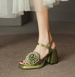 goosudu Woman Shoes New Summer Fashion Chunky High Heels Platform Black Green Sweet Flower Dress Party Female Sandals