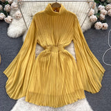 Elegant Solid Stand Collar Fold Waist Closed Dress Women Leisure Pleated Vestido Female Summer New Tide Fashion