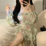 Summer New Off Shoulder Strap Dress Women Floral Short Dress Long Sleeve Bohemian A-line Beach Dress Robe Femme Clothing