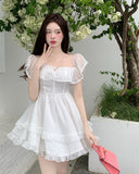 Mini Fairy Dress Lace-up Halter A-line Off Shoulder Pink Ruffle Chiffon Fluffy Dress Summer Women Dresses Beachwear Clothi