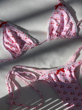 Sexy Swimsuit Triangle Bikinis Cherry Print Bikini Set Female Swimwear Women Bow Bathing Suits Lace Beachwear Micro Thong Biquin